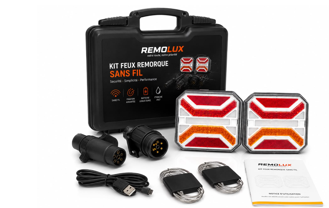 Kit REMOLUX complet — feu LED, émetteur sans fil et mallette de transport.