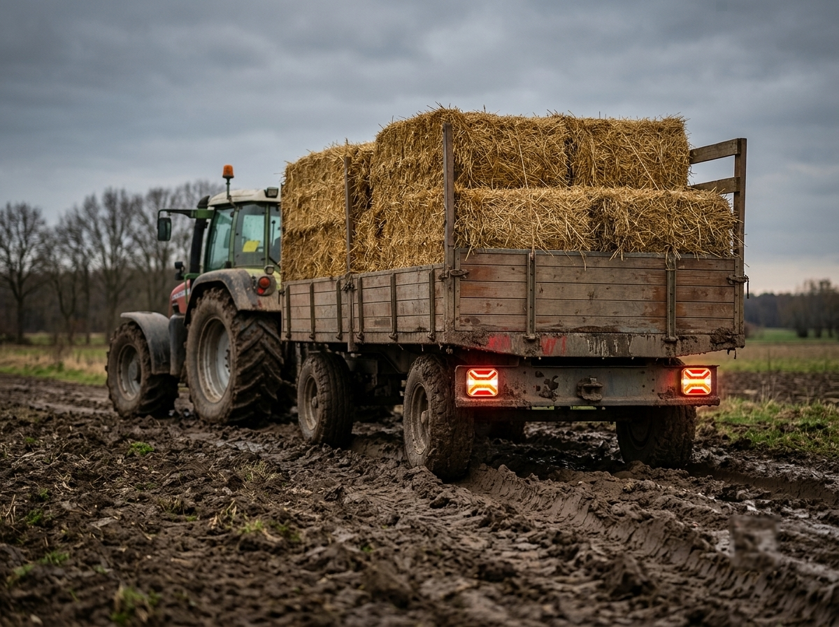 Feux REMOLUX allumés sur une remorque agricole chargée de paille, dans un champ boueux — visuel d’illustration.